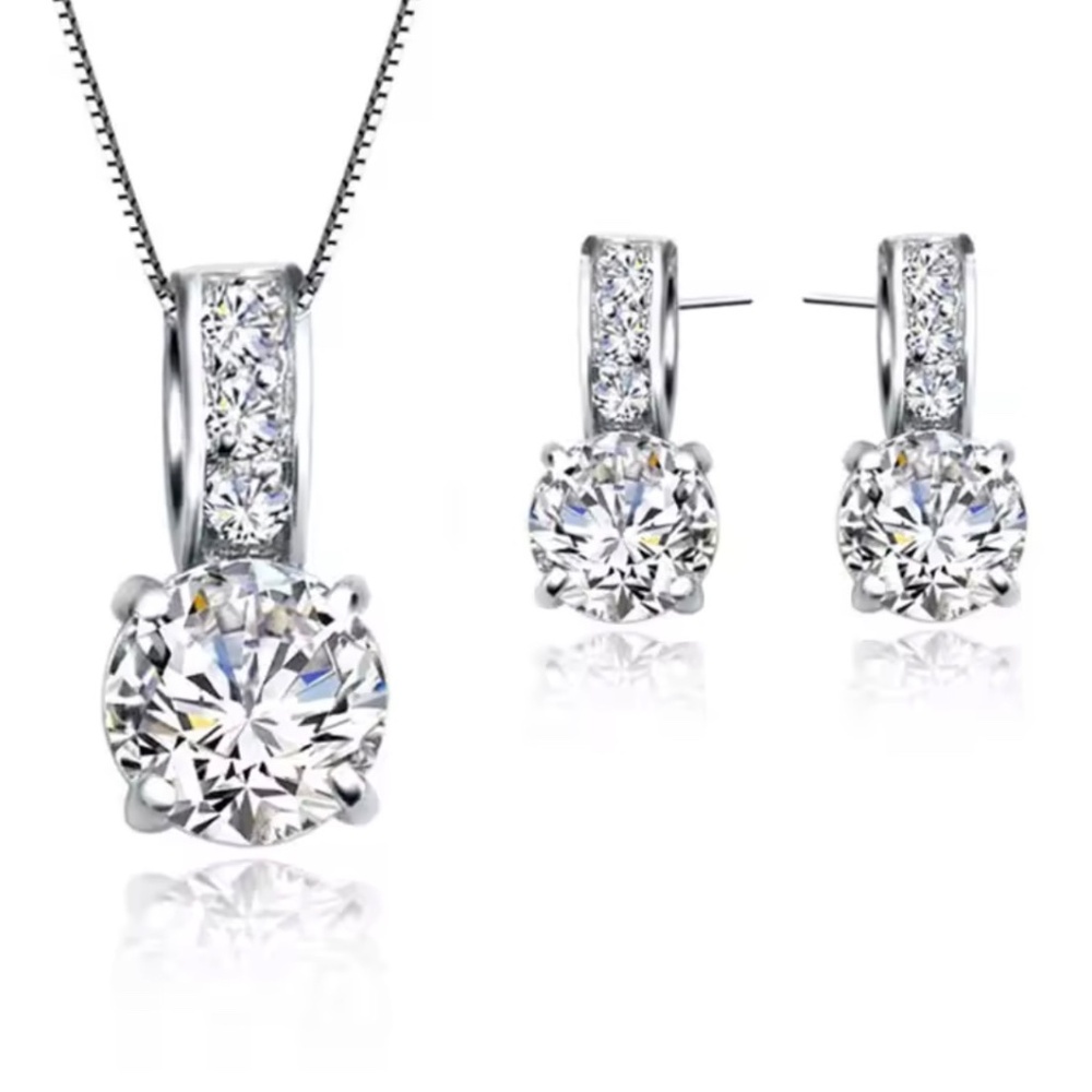 🎁✨ 925 Sterling Silver Color Bridal Jewelry Set Classic Cubic Zircon Crystal Pe